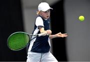 28 December 2021; Charlie O'Reilly during his Boys U18 Singles Round of 32 match against Cian Hegarty during the Shared Access National Indoor Tennis Championships 2022 at David Lloyd Riverview in Dublin. Photo by Ramsey Cardy/Sportsfile