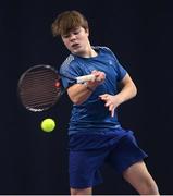 28 December 2021; Patrick Young during his Boys U16 Singles Round of 32 match against Sean O'Nuallain during the Shared Access National Indoor Tennis Championships 2022 at David Lloyd Riverview in Dublin. Photo by Ramsey Cardy/Sportsfile