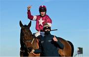 29 December 2021; Jockey Jack Kennedy and groom Matthew Sheridan celebrate with Fury Road after winning the Neville Hotels Novice Steeplechase on day four of the Leopardstown Christmas Festival at Leopardstown Racecourse in Dublin. Photo by Seb Daly/Sportsfile