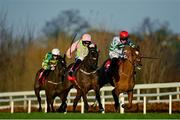 29 December 2021; Sharjah, centre, with Patrick Mullins up, on their way to winning the Matheson Hurdle, from second place Zanahiyr, right, with Jack Kennedy up, on day four of the Leopardstown Christmas Festival at Leopardstown Racecourse in Dublin. Photo by Seb Daly/Sportsfile