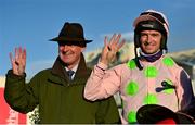 29 December 2021; Trainer Willie Mullins and jockey Patrick Mullins celebrate after winning the Matheson Hurdle with Sharjah, for a fourth time, on day four of the Leopardstown Christmas Festival at Leopardstown Racecourse in Dublin. Photo by Seb Daly/Sportsfile