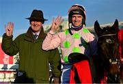 29 December 2021; Trainer Willie Mullins and jockey Patrick Mullins celebrate after winning the Matheson Hurdle with Sharjah, for a fourth time, on day four of the Leopardstown Christmas Festival at Leopardstown Racecourse in Dublin. Photo by Seb Daly/Sportsfile