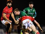 1 January 2022; Shane Delahunt of Connacht is tackled by Chris Farrell of Munster during the United Rugby Championship match between Connacht and Munster at The Sportsground in Galway. Photo by Brendan Moran/Sportsfile