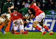 1 January 2022; Matthew Burke of Connacht is tackled by Jean Kleyn, 4, and Fineen Wycherley of Munster during the United Rugby Championship match between Connacht and Munster at The Sportsground in Galway. Photo by Eóin Noonan/Sportsfile