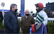2 January 2022; Jockey Jack Kennedy, right, in conversation with trainer Gordon Elliott, left, and connection Shay Morris after winning the Lawlor's Of Naas Novice Hurdle on Ginto at Naas Racecourse in Kildare. Photo by Harry Murphy/Sportsfile