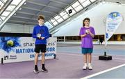 3 January 2022; James McMillan, left, and David Somers with their medals after the Boys U12 Singles Final match during the Shared Access National Indoor Tennis Championships 2022 at David Lloyd Riverview in Dublin. Photo by Sam Barnes/Sportsfile