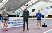 3 January 2022; Tallulah Belle Lynn-Browne, left, and Jenny Marsh, pictured with their medals alongside Tennis Ireland Competitions Manager Simon Honan after their U14 Girls Singles Final during the Shared Access National Indoor Tennis Championships 2022 at David Lloyd Riverview in Dublin. Photo by Sam Barnes/Sportsfile