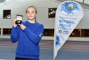 3 January 2022; Jenny Marsh with her medal after winning the Girls U14 Singles Final match against Tallulah Belle Lynn-Browne during the Shared Access National Indoor Tennis Championships 2022 at David Lloyd Riverview in Dublin. Photo by Sam Barnes/Sportsfile
