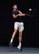 3 January 2022; Reese McCann during his Boys U16 Singles Final match against Christian Doherty during the Shared Access National Indoor Tennis Championships 2022 at David Lloyd Riverview in Dublin. Photo by Sam Barnes/Sportsfile