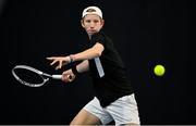 3 January 2022; Simon Janzen during his Boys U18 Singles Final match against Daniel Borisov during the Shared Access National Indoor Tennis Championships 2022 at David Lloyd Riverview in Dublin. Photo by Sam Barnes/Sportsfile