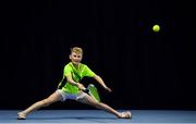 3 January 2022; Zac Naughton during his Boys U14 Singles Final match against Eoghan Jennings during the Shared Access National Indoor Tennis Championships 2022 at David Lloyd Riverview in Dublin. Photo by Sam Barnes/Sportsfile