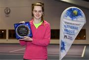 3 January 2022; Kate Gardiner with her plate after winning her Senior Womens Singles Final match against Aisling O'Connor during the Shared Access National Indoor Tennis Championships 2022 at David Lloyd Riverview in Dublin. Photo by Sam Barnes/Sportsfile