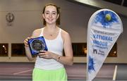 3 January 2022; Aisling O'Connor pictured with her plate after her Senior Womens Singles Final match against Kate Gardiner during the Shared Access National Indoor Tennis Championships 2022 at David Lloyd Riverview in Dublin. Photo by Sam Barnes/Sportsfile