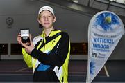 3 January 2022; Simon Janzen pictured with his medal after the Boys U18 Singles Final match against Daniel Borisov during the Shared Access National Indoor Tennis Championships 2022 at David Lloyd Riverview in Dublin. Photo by Sam Barnes/Sportsfile