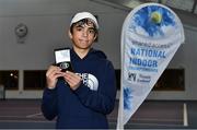 3 January 2022; Christian Doherty pictured with his medal after the Boys U16 Singles Final match against Reese McCann during the Shared Access National Indoor Tennis Championships 2022 at David Lloyd Riverview in Dublin. Photo by Sam Barnes/Sportsfile