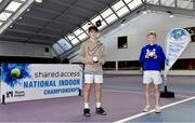 3 January 2022; Eoghan Jennings, left, and Zac Naughton, pictured with their medals after the Boys U14 Singles Final match during the Shared Access National Indoor Tennis Championships 2022 at David Lloyd Riverview in Dublin. Photo by Sam Barnes/Sportsfile