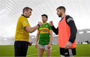 3 January 2022; Referee Thomas Murphy with Leitrim captain David Bruen, centre, and Sligo captain Keelin Cawley before the Connacht FBD League Preliminary Round match between Leitrim and Sligo at the NUI Galway Connacht GAA Air Dome in Bekan, Mayo. Photo by Ramsey Cardy/Sportsfile