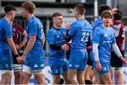 7 January 2022; Conor Gibney of Leinster celebrates scoring the winning try with team-mate Sam Prendergast during a development match between Leinster A and Ireland U20 at Energia Park in Dublin. Photo by Harry Murphy/Sportsfile