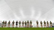 7 January 2022; Mayo players stand for the playing of Amhrán na bhFiann before the Connacht FBD League semi-final match between Mayo and Galway at the NUI Galway Connacht GAA Air Dome in Bekan, Mayo. Photo by Eóin Noonan/Sportsfile