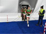7 January 2022; Paddy Durcan of Mayo leads his team-mates back into the dome after half-time during the Connacht FBD League semi-final match between Mayo and Galway at the NUI Galway Connacht GAA Air Dome in Bekan, Mayo. Photo by Eóin Noonan/Sportsfile