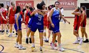 7 January 2022; Mia Furlong, 9, and Aine McKenna of The Address UCC Glanmire celebrate after their side's victory in the InsureMyHouse.ie Paudie O’Connor Cup semi-final match between The Address UCC Glanmire and Singleton's SuperValu Brunell at Neptune Stadium in Cork. Photo by Sam Barnes/Sportsfile