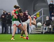 7 January 2022; Kieran Molloy of Galway in action against Padraig O’Hora of Mayo during the Connacht FBD League semi-final match between Mayo and Galway at the NUI Galway Connacht GAA Air Dome in Bekan, Mayo. Photo by Eóin Noonan/Sportsfile