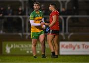 7 January 2022; Paddy McBrearty of Donegal, left, and Finn McElroy of Down after the Dr McKenna Cup Round 1 match between Donegal and Down at Pairc MacCumhaill in Ballybofey, Donegal. Photo by Ramsey Cardy/Sportsfile