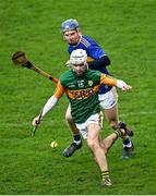 8 January 2022; James Sheehan of Kerry in action against James Quigley of Tipperary during the Co-Op Superstores Munster Hurling Cup quarter-final match between Kerry and Tipperary at Austin Stack Park, in Tralee, Kerry. Photo by Eóin Noonan/Sportsfile