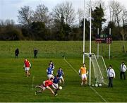 8 January 2022; Jay Hughes of Louth in action against James Kiernan of Longford during the O'Byrne Cup group A match between Longford and Louth at Rathcline GAA club in Lanesboro, Longford. Photo by Ramsey Cardy/Sportsfile