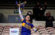 8 January 2022; St Rynagh's captain Grainne Dolan lifts the cup after the 2020 AIB All-Ireland Intermediate Club Camogie Championship Final match between Gailltír and St Rynagh's at Semple Stadium in Thurles, Tipperary. Photo by Ben McShane/Sportsfile