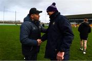 8 January 2022; Dublin manager Dessie Farrell and Offaly manager John Maughan shake hands after the O'Byrne Cup group A match between Offaly and Dublin at Bord na Mona O'Connor Park in Tullamore, Offaly. Photo by Harry Murphy/Sportsfile