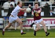 8 January 2022; Daragh Seery of Westmeath in action against Paul Cribbin of Kildare during the O'Byrne Cup Group C match between Kildare and Westmeath at St Conleth's Park in Newbridge, Kildare. Photo by Piaras Ó Mídheach/Sportsfile