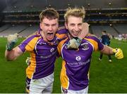 8 January 2022; Kilmacud Crokes players Dara Mullin, left, and Ross McGowan celebrate after the AIB Leinster GAA Football Senior Club Championship Final match between Kilmacud Crokes and Naas at Croke Park in Dublin. Photo by Daire Brennan/Sportsfile
