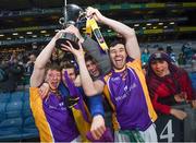 8 January 2022; Hugh Kenny, left, and Aidan Jones of Kilmacud Crokes celebrate with supporters after the AIB Leinster GAA Football Senior Club Championship Final match between Kilmacud Crokes and Naas at Croke Park in Dublin. Photo by David Fitzgerald/Sportsfile