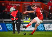 8 January 2022; Ben Healy of Munster kicks a conversion during the United Rugby Championship match between Munster and Ulster at Thomond Park in Limerick. Photo by Stephen McCarthy/Sportsfile