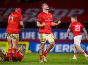 8 January 2022; Alex Kendellen of Munster celebrates at final whistle after the United Rugby Championship match between Munster and Ulster at Thomond Park in Limerick. Photo by Stephen McCarthy/Sportsfile