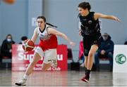 9 January 2022; Issy McSweeney of Singleton SuperValu Brunell in action against Lisa Blaney of Portlaoise Panthers during the Basketball Ireland Women's U20 semi-final match between Singleton Supervalu Brunell and Portlaoise Panthers at Parochial Hall in Cork. Photo by Sam Barnes/Sportsfile