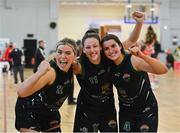 9 January 2022; Portlaoise Panthers players, from left, Hannah Collins, Jasmine Burke and Shauna Dooley celebrate after their side's victory in the Basketball Ireland Women's U20 semi-final match between Singleton Supervalu Brunell and Portlaoise Panthers at Parochial Hall in Cork. Photo by Sam Barnes/Sportsfile