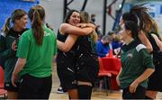 9 January 2022; Portlaoise Panthers players celebrate after their side's victory in the Basketball Ireland Women's U20 semi-final match between Singleton Supervalu Brunell and Portlaoise Panthers at Parochial Hall in Cork. Photo by Sam Barnes/Sportsfile