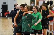 9 January 2022; Portlaoise Panthers players celebrate after their side's victory in the Basketball Ireland Women's U20 semi-final match between Singleton Supervalu Brunell and Portlaoise Panthers at Parochial Hall in Cork. Photo by Sam Barnes/Sportsfile