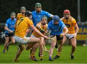 9 January 2022; Conor Burke of Dublin in action against Shea Shannon of Antrim during the Walsh Cup Senior Hurling round 1 match between Dublin and Antrim at Parnell Park in Dublin. Photo by Ramsey Cardy/Sportsfile