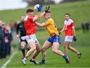 9 January 2022; Mark Richardson of Pádraig Pearses is tackled by Aiden Orme of Knockmore during the AIB Connacht GAA Football Senior Club Championship Final match between Knockmore and Pádraig Pearses at James Stephens Park in Ballina, Mayo. Photo by Piaras Ó Mídheach/Sportsfile