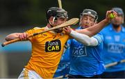 9 January 2022; Joe Maskey of Antrim is tackled by Cian O'Sullivan of Dublin during the Walsh Cup Senior Hurling round 1 match between Dublin and Antrim at Parnell Park in Dublin. Photo by Ramsey Cardy/Sportsfile