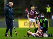 9 January 2022; Galway manager Henry Shefflin checks on his injured player Jason Flynn during the Walsh Cup Senior Hurling round 1 match between Galway and Offaly at Duggan Park in Ballinasloe, Galway. Photo by Harry Murphy/Sportsfile