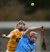 9 January 2022; Colin Currie of Dublin in action against Gerard Walsh of Antrim during the Walsh Cup Senior Hurling round 1 match between Dublin and Antrim at Parnell Park in Dublin. Photo by Ramsey Cardy/Sportsfile
