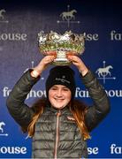 9 January 2022; Jodie Foley, daughter of winning owner representative Joe Foley, with the trophy after Dunvegan's victory in the Dan and Joan Moore Memorial Handicap Steeplechase at Fairyhouse Racecourse in Ratoath, Meath. Photo by Seb Daly/Sportsfile