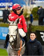 9 January 2022; Jockey Bryan Cooper and Dunvegan after victory in the Dan and Joan Moore Memorial Handicap Steeplechase at Fairyhouse Racecourse in Ratoath, Meath. Photo by Seb Daly/Sportsfile
