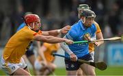 9 January 2022; Cian O'Sullivan of Dublin is tackled by Michael Bradley of Antrim during the Walsh Cup Senior Hurling round 1 match between Dublin and Antrim at Parnell Park in Dublin. Photo by Ramsey Cardy/Sportsfile