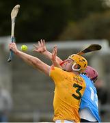 9 January 2022; Matthew Donnelly of Antrim and Colin Currie of Dublin during the Walsh Cup Senior Hurling round 1 match between Dublin and Antrim at Parnell Park in Dublin. Photo by Ramsey Cardy/Sportsfile