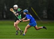 9 January 2022; Patrice Diggin of Clanmaurice is blocked down by Laura Doherty of Raharney during the 2020 AIB All-Ireland Junior Club Camogie Championship Final match between Clanmaurice and Raharney at Moyne Templetuohy GAA Club in Templetuohy, Tipperary. Photo by Eóin Noonan/Sportsfile